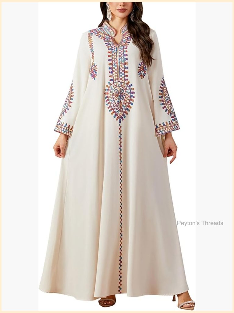Floral Embroidery Long Sleeve Maxi Dress Muslim Abaya Kaftan Ramadan